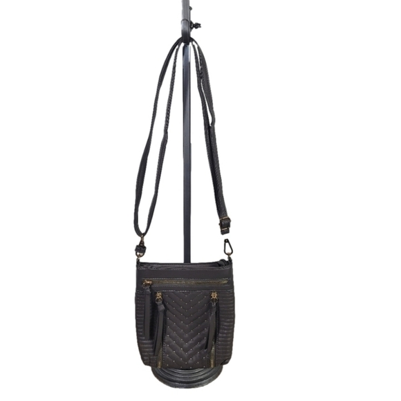 Melie Bianco Grey & Gold Faux Leather Crossbody Bag with Studs & Zipper Details - Picture 1 of 11